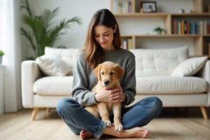 Femme tenant un chiot golden retriever dans ses bras dans un salon moderne, illustrant le lien affectif entre propriétaire et animal de compagnie