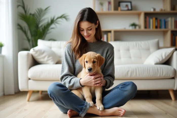 Femme tenant un chiot golden retriever dans ses bras dans un salon moderne, illustrant le lien affectif entre propriétaire et animal de compagnie