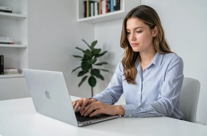 Jeune femme comparant des offres de crédit immobilier en ligne depuis son domicile en 2024