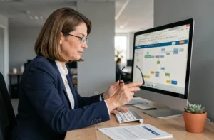 Femme professionnelle consultant un plan de site web sur ordinateur dans un bureau de services financiers