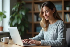 Femme consultant ses anciennes fiches de paie sur un ordinateur portable via une plateforme en ligne comme MyPrimobox