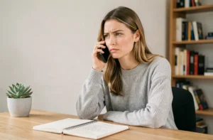 Jeune femme contactant un conseiller Sosh par téléphone depuis son bureau à domicile