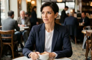 Femme élégante et réfléchie assise dans un café parisien, illustrant la discrétion et la vie privée préservée des médias