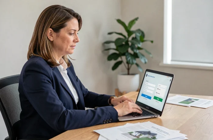 Femme professionnelle accédant à son espace client immobilier sur un ordinateur portable dans un bureau moderne