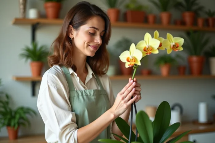 Femme examinant attentivement une tige d'orchidée jaunissante dans une cuisine lumineuse entourée de plantes vertes