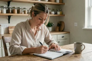 Femme consultant son budget sur un carnet de notes dans une cuisine, astuces pour économiser au quotidien