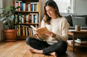 Femme lisant un roman dans un salon cosy, loisirs quotidiens à la maison