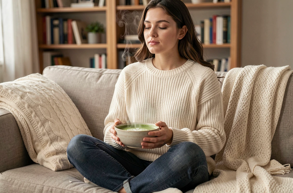 Femme tenant un bol de matcha latte dans ses mains sur un canapé cosy à la maison