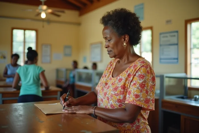 Femme mauricienne écrivant un code postal sur une enveloppe au guichet d'un bureau de poste à Port Louis
