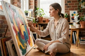 Femme peignant sur une toile dans un salon artistique et chaleureux, activité créative pour les loisirs