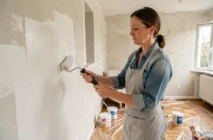 Femme appliquant de la peinture blanche sur un mur en rénovation dans un salon, portant un tablier gris et tenant un rouleau