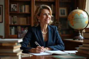 Femme élégante dans un bureau garni de livres, réfléchissant à ses convictions sur la société et le mariage