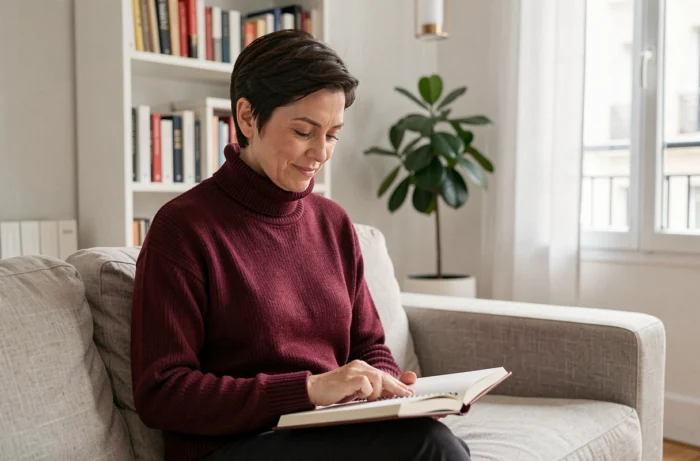 Femme pensive et discrète dans son appartement parisien, illustrant la volonté de protéger sa vie privée et celle de ses proches