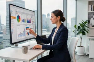 Femme professionnelle interagissant avec un tableau de bord numérique pour booster son business en ligne