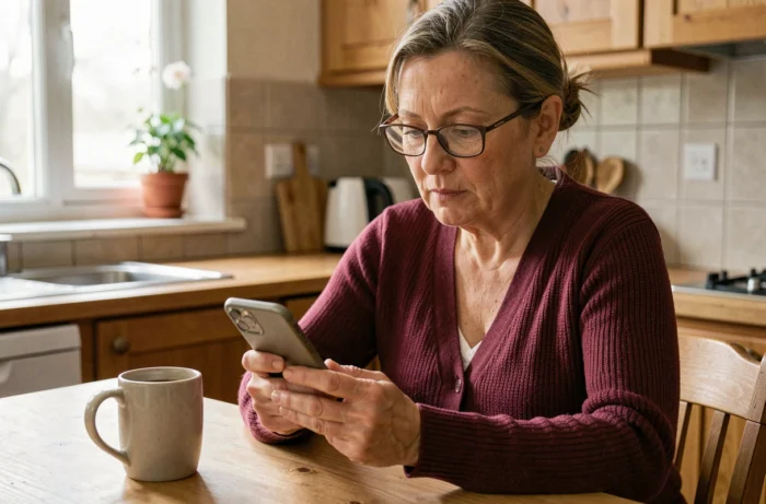 Femme d'âge mûr consultant son téléphone pour trouver le numéro du conseiller Sosh