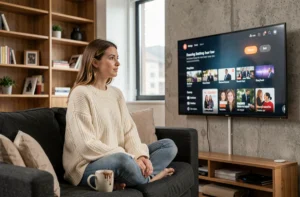 Jeune femme regardant une plateforme de streaming sur sa télévision dans un salon moderne et cosy