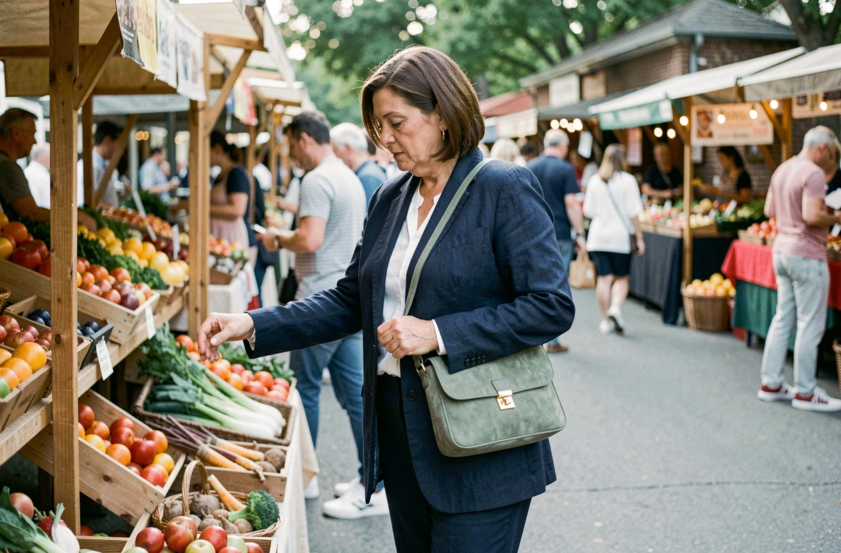 Femme portant un sac bandoulière en daim vert sauge lors d'un marché en plein air le week-end