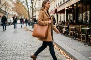 Femme élégante portant un sac cabas en cuir cognac dans une rue pavée parisienne en automne