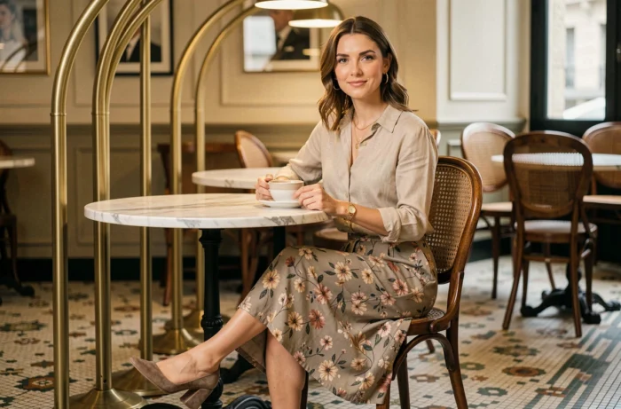 Femme élégante en jupe midi fleurie dans un café parisien, idées tenues tendance pour femmes modernes
