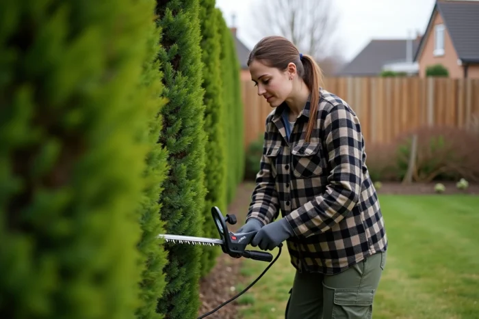 Femme taillant une haie avec un taille-haie électrique adapté à sa morphologie dans un jardin de banlieue
