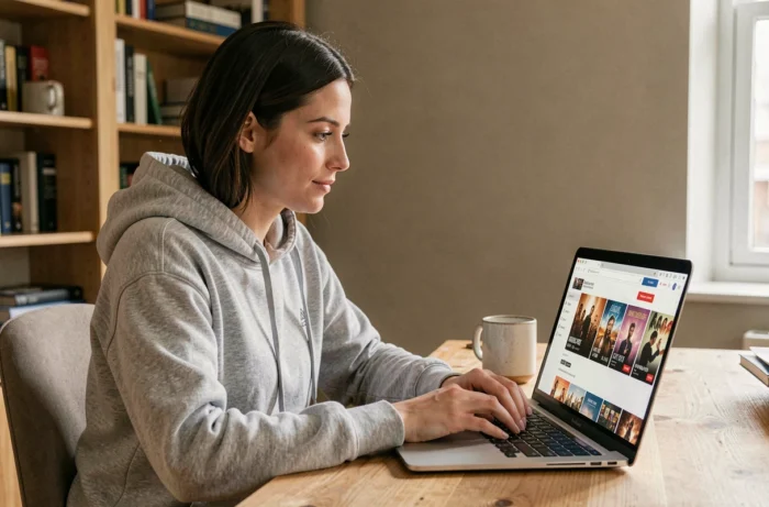 Jeune femme naviguant sur un site de téléchargement de films depuis son ordinateur portable à son bureau à domicile