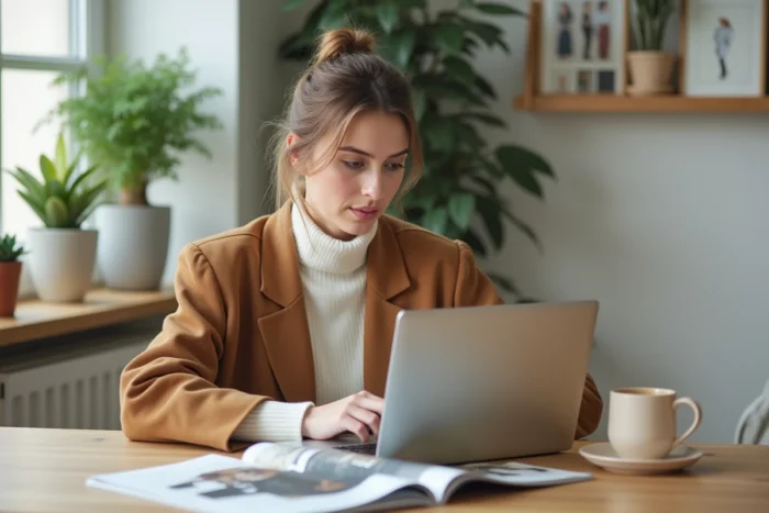 Jeune femme élégante consultant des tendances mode sur un ordinateur portable dans un bureau minimaliste scandinave
