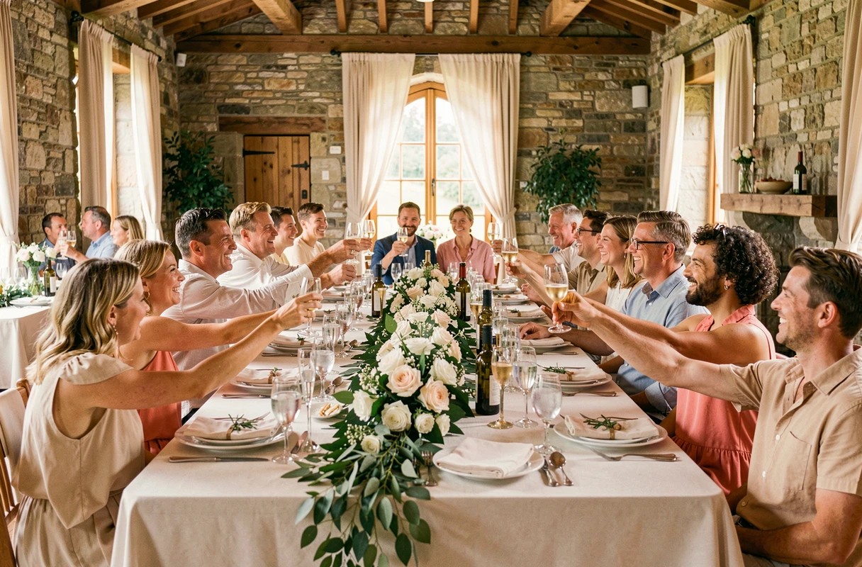 Famille et amis portant un toast lors d'un dîner de fête pour un anniversaire de mariage de 35 ans dans une salle de réception rustique