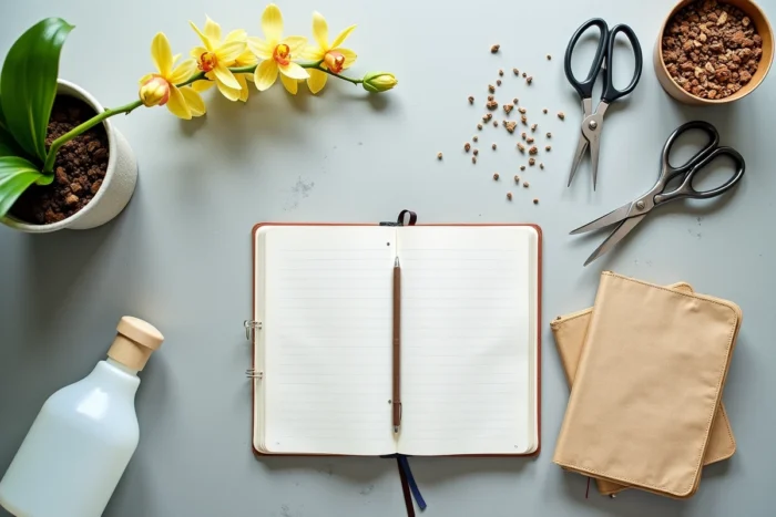Vue à plat d'une tige d'orchidée jaunie posée avec des outils de jardinage et un carnet de soins sur une surface en béton gris