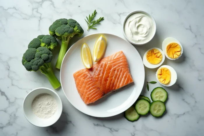 Flatlay d'ingrédients sains pour un repas minceur équilibré sur un plan de travail en marbre, saumon, brocoli et yaourt grec