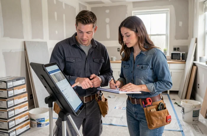Deux personnes en formation bricolage en ligne sur tablette dans une cuisine en cours de rénovation