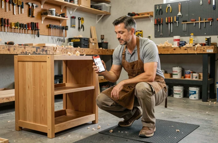 Homme artisan consultant une formation CPF bricolage sur smartphone dans un atelier de garage