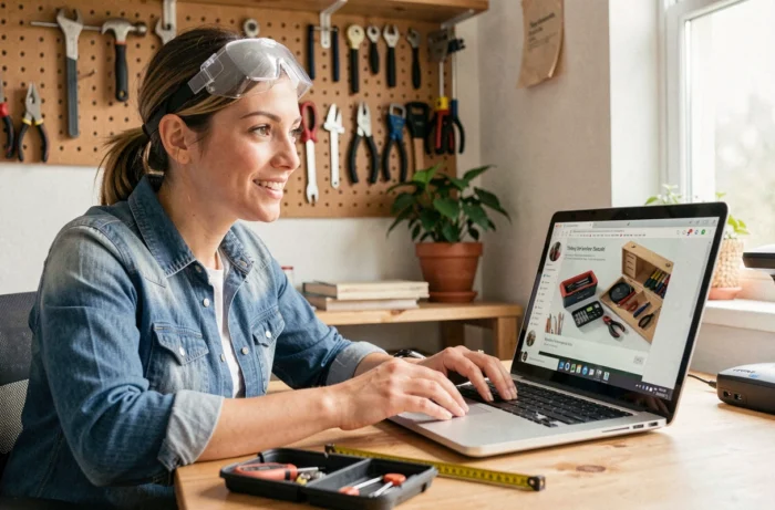 Femme suivant une formation en ligne bricolage sur ordinateur portable avec des outils posés sur un bureau en bois