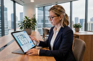 Gestionnaire immobilière professionnelle utilisant le logiciel Prolencia Smart sur tablette dans un bureau moderne