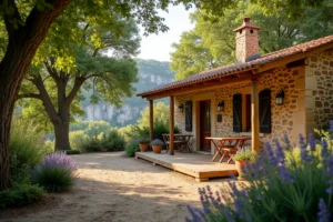Gîte en pierre typique de l'Ardèche entouré de végétation méditerranéenne près de Vallon-Pont-d'Arc