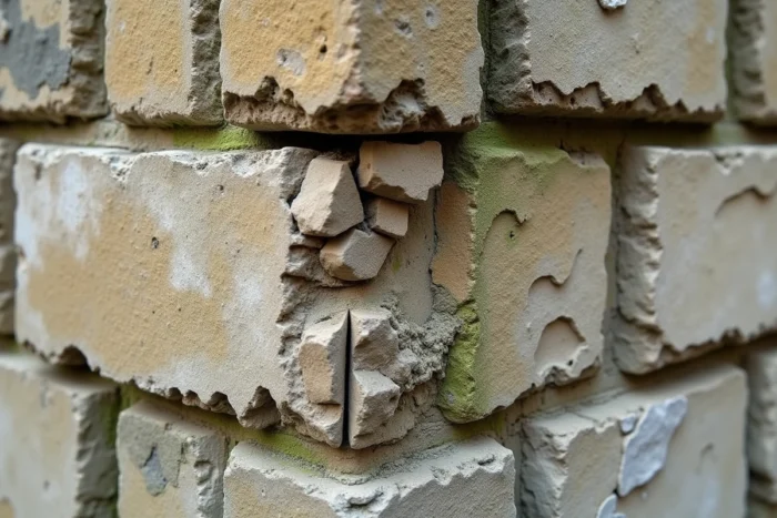 Gros plan sur des joints de pierre détériorés et des traces d'algues sur une façade ancienne après l'hiver