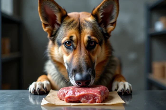 Gros plan sur le museau d'un chien mixte analysant l'odeur d'un paquet de viande emballé sur une surface en inox
