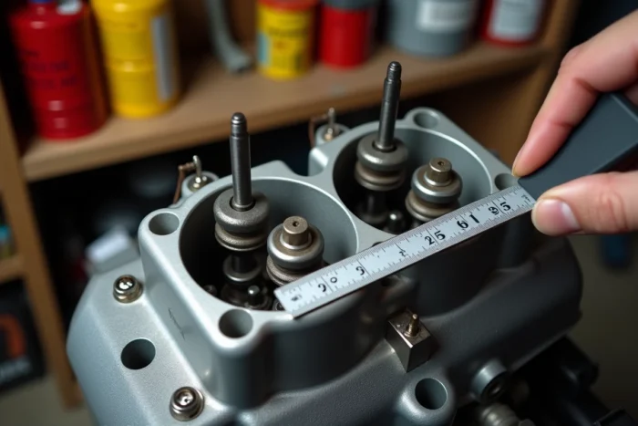 Gros plan sur le mécanisme de soupapes d'un moteur Briggs et Stratton avec jauge d'épaisseur insérée