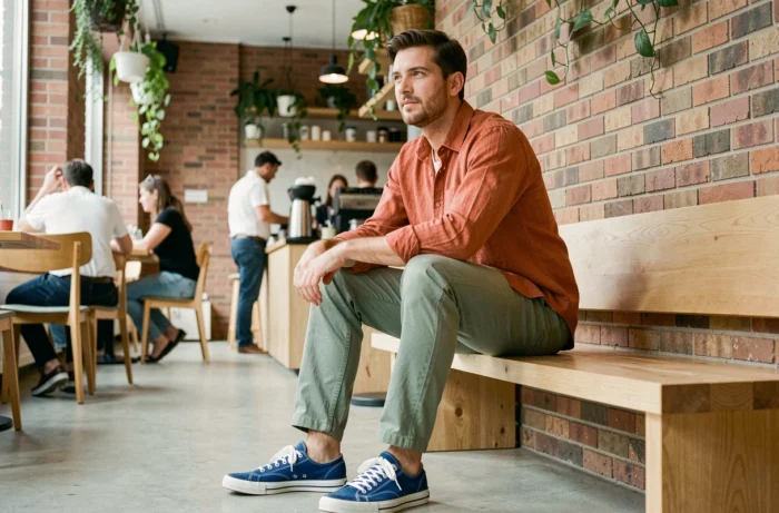 Homme assis dans un café moderne portant une tenue en trois couleurs vives — orange terracotta, vert sauge et bleu cobalt — démontrant comment harmoniser des teintes contrastées dans un look masculin décontracté