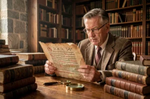 Historien examinant un parchemin médiéval couvert de symboles ésotériques dans une bibliothèque d'archives ancienne