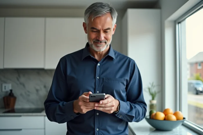 Homme accédant à ses fiches de paie archivées sur smartphone grâce à une application de gestion documentaire