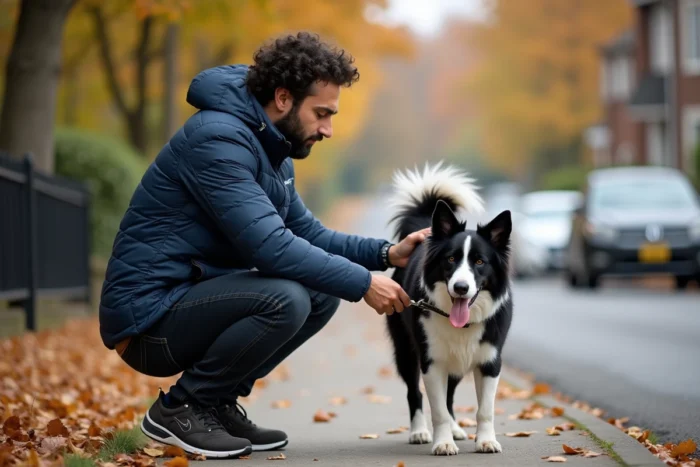 Homme attachant la laisse de son border collie sur un trottoir en automne, symbolisant la responsabilité du propriétaire d'animal et l'intérêt de souscrire une assurance animaux