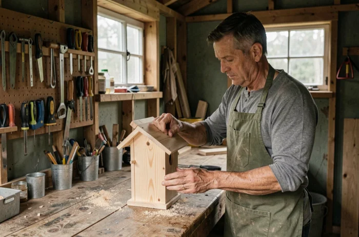 Homme bricolant dans un atelier de jardin, loisir créatif en plein air
