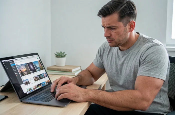 Homme comparant plusieurs plateformes de streaming sur ordinateur portable et tablette à son bureau