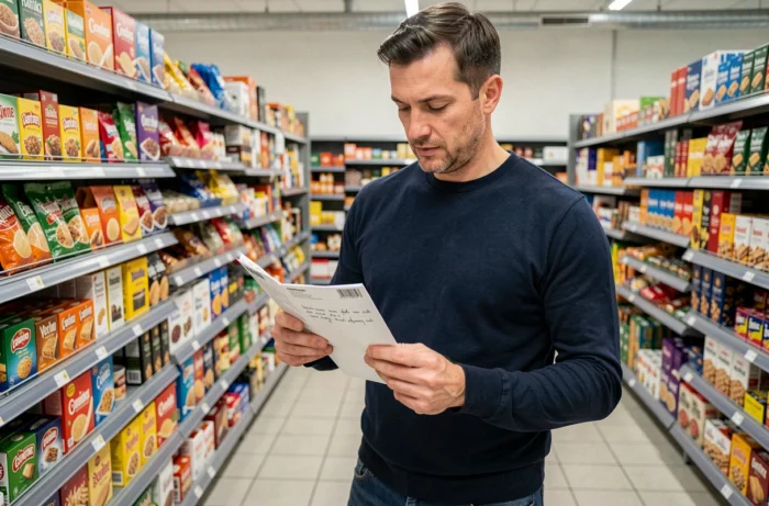 Homme comparant des prix en supermarché avec une liste de courses pour mieux gérer ses dépenses