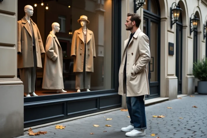 Homme stylé devant une vitrine de concept store urbain consultant les nouvelles tendances mode de saison