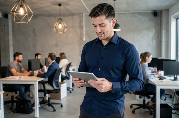 Homme dans un espace de coworking consultant les dernières actualités du web sur une tablette numérique