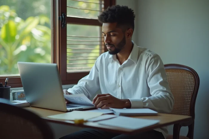 Jeune homme mauricien consultant un guide des codes postaux de Maurice depuis son bureau à domicile