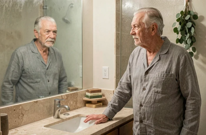 Homme mature se regardant dans le miroir d'une salle de bain, expression introspective symbolisant la prise de conscience spirituelle après une chute