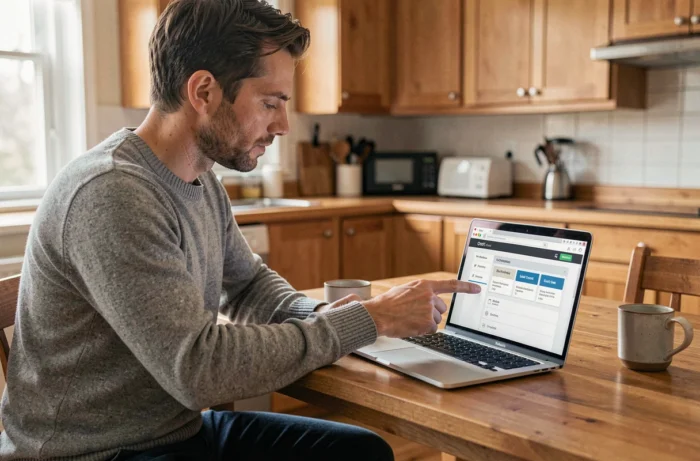 Homme parcourant le sitemap d'un site de crédit sur son ordinateur portable à la maison