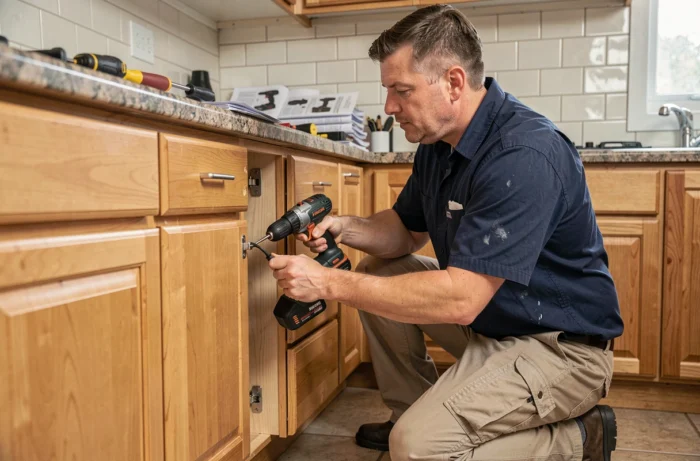 Homme en train de réparer une charnière d'armoire de cuisine avec un tournevis sans fil dans un intérieur domestique